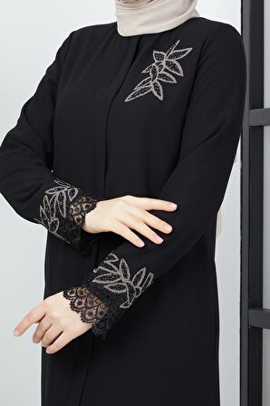 Büyük Beden Dantel Taş İşleme Detaylı Siyah Ferace